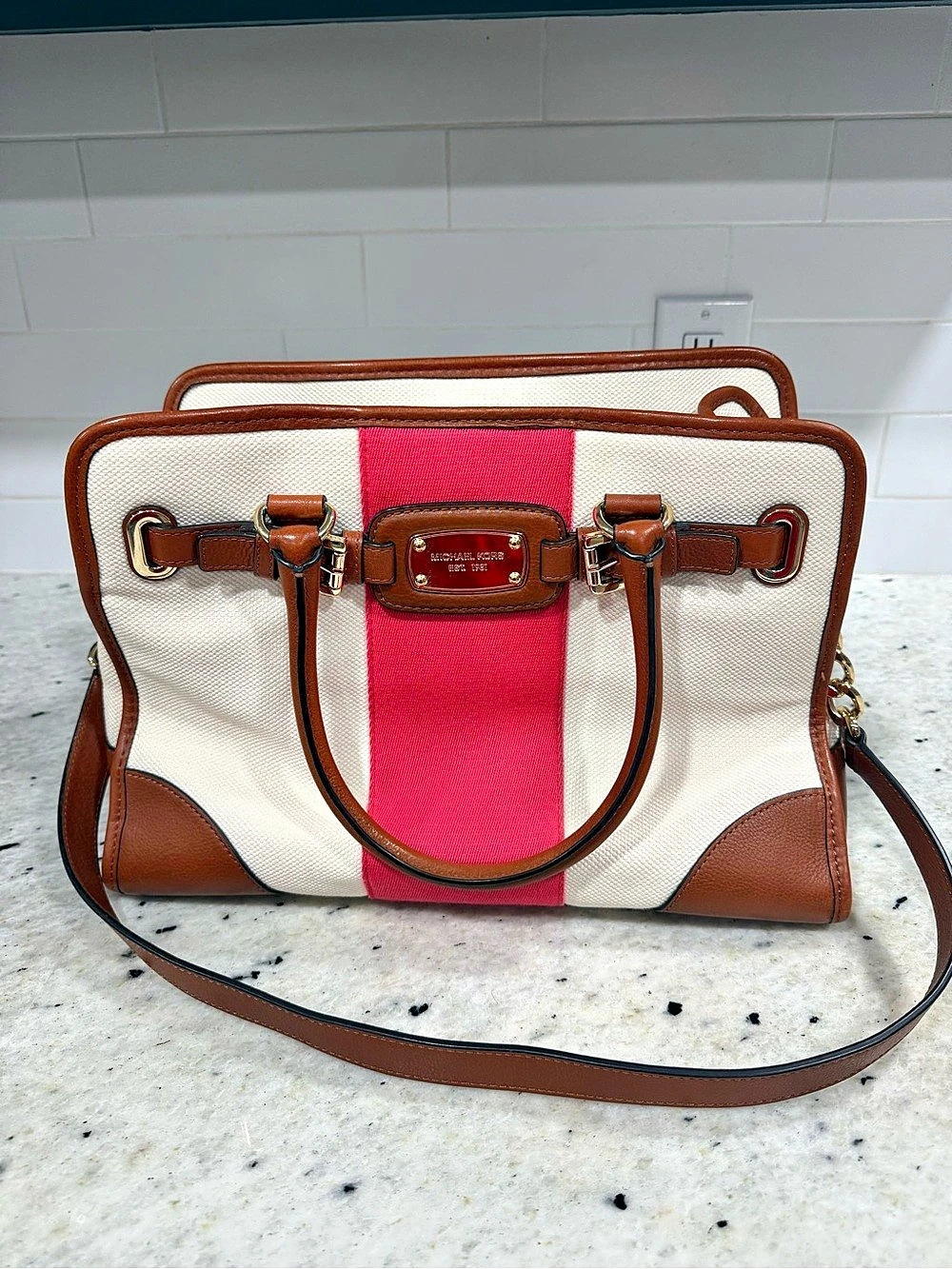Michael Kors Striped Satchel in White & Pink